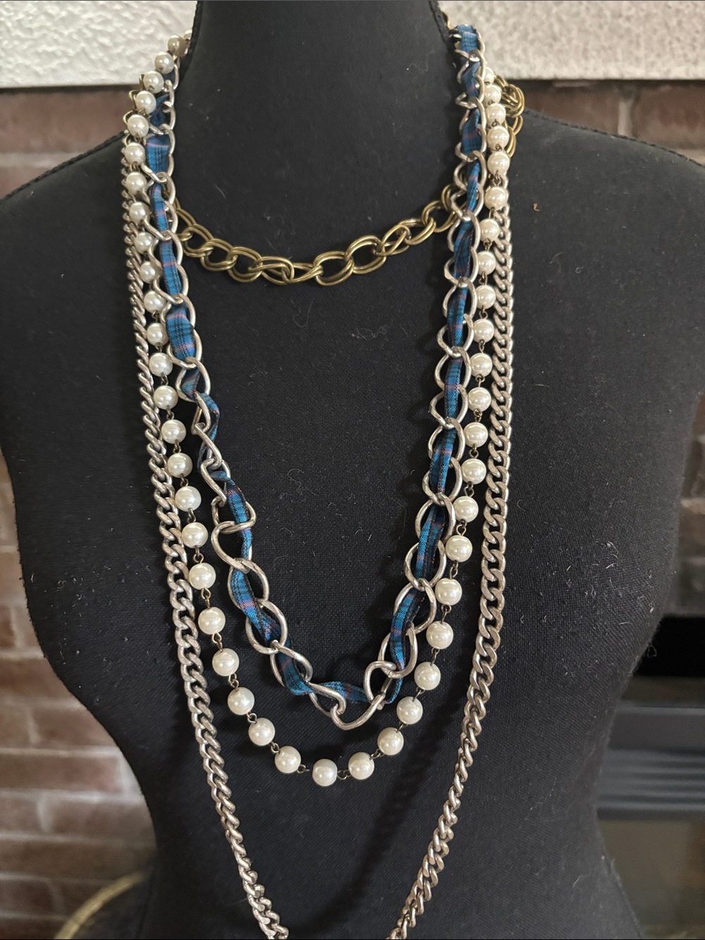 Vintage Multi-Strand Pearl and Blue Ribbon Necklace with Gold Links